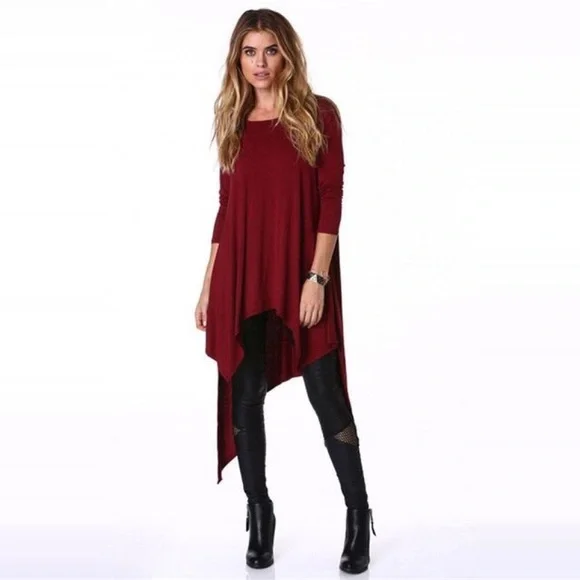 High Low Handkerchief Hem Midi Tunic Dress Burgundy - Picture 4 of 4